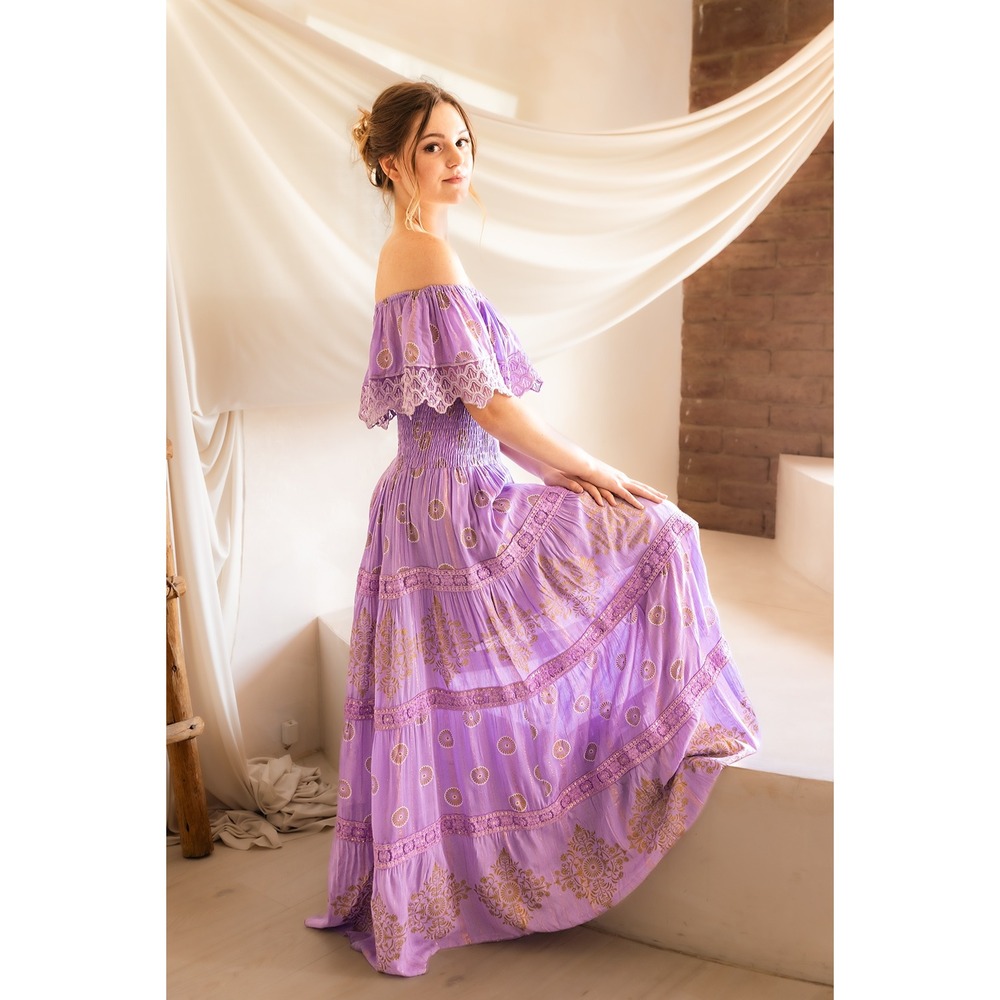 Bohemian‎ Off Shoulder Maxi Dress Smocked Waist Lace Trim Floral Print Purple XL